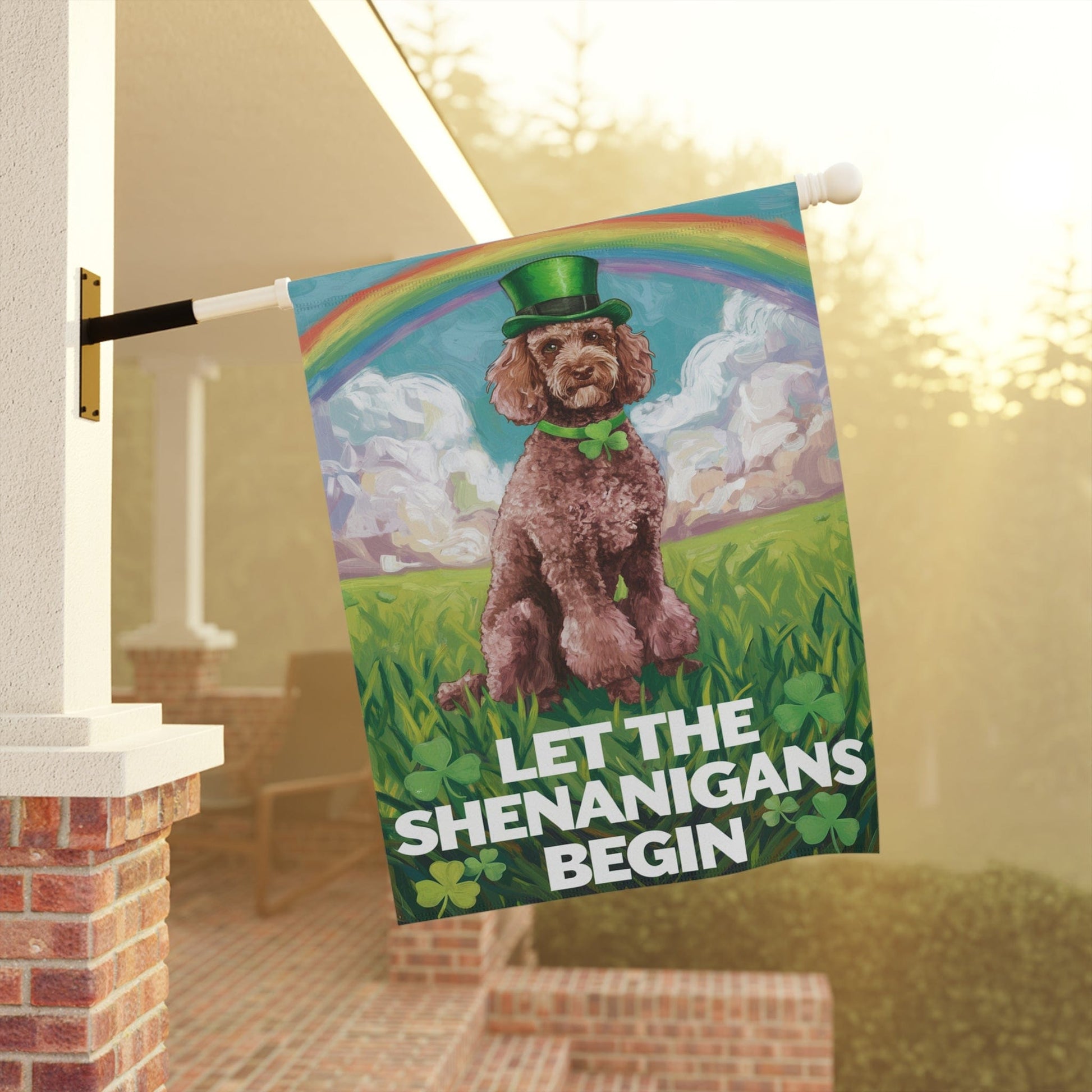 Printify Home Decor Brown Poodle's St. Patrick's Day Celebration, Dog Rainbow Shamrock Festivity Garden Flag