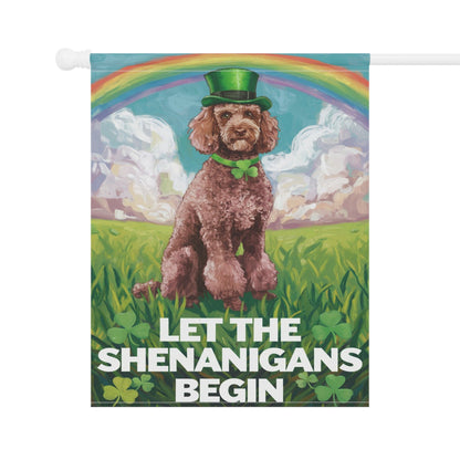 Printify Home Decor Brown Poodle's St. Patrick's Day Celebration, Dog Rainbow Shamrock Festivity Garden Flag
