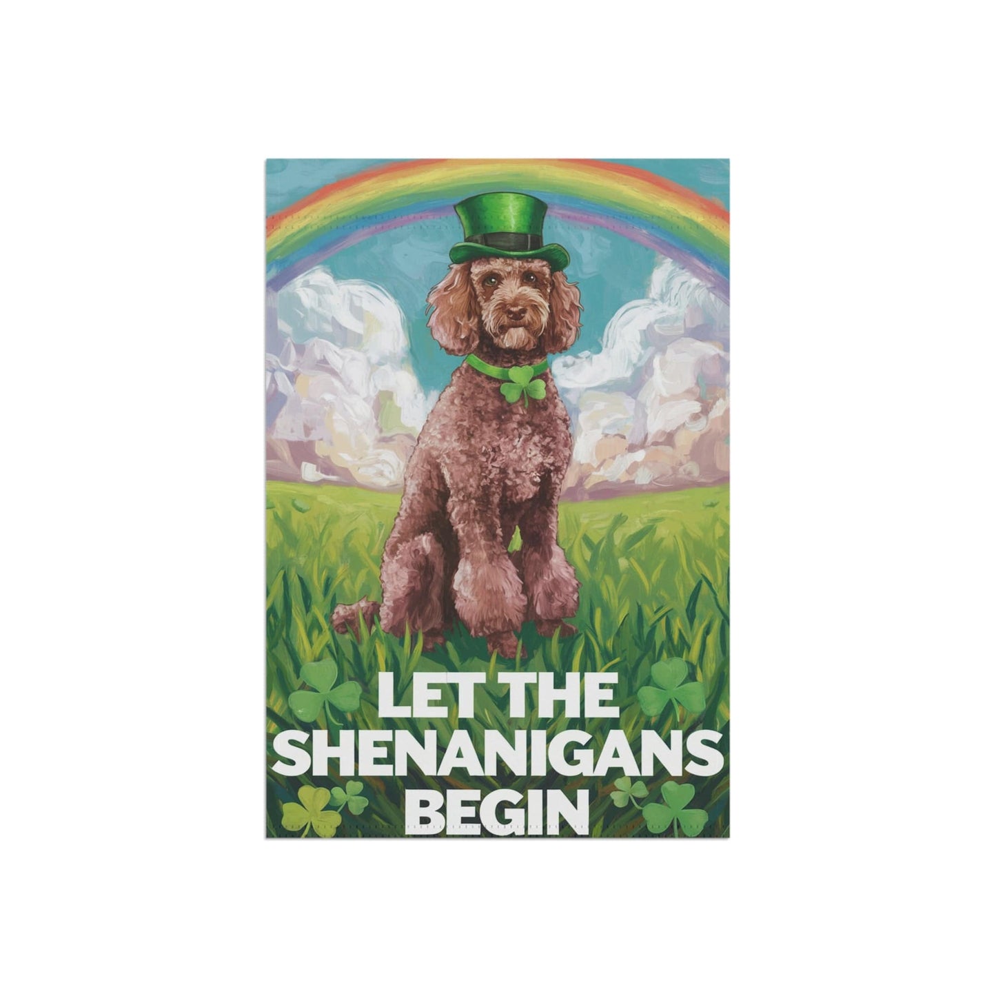 Printify Home Decor Brown Poodle's St. Patrick's Day Celebration, Dog Rainbow Shamrock Festivity Garden Flag