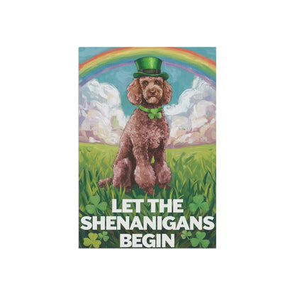 Printify Home Decor Brown Poodle's St. Patrick's Day Celebration, Dog Rainbow Shamrock Festivity Garden Flag