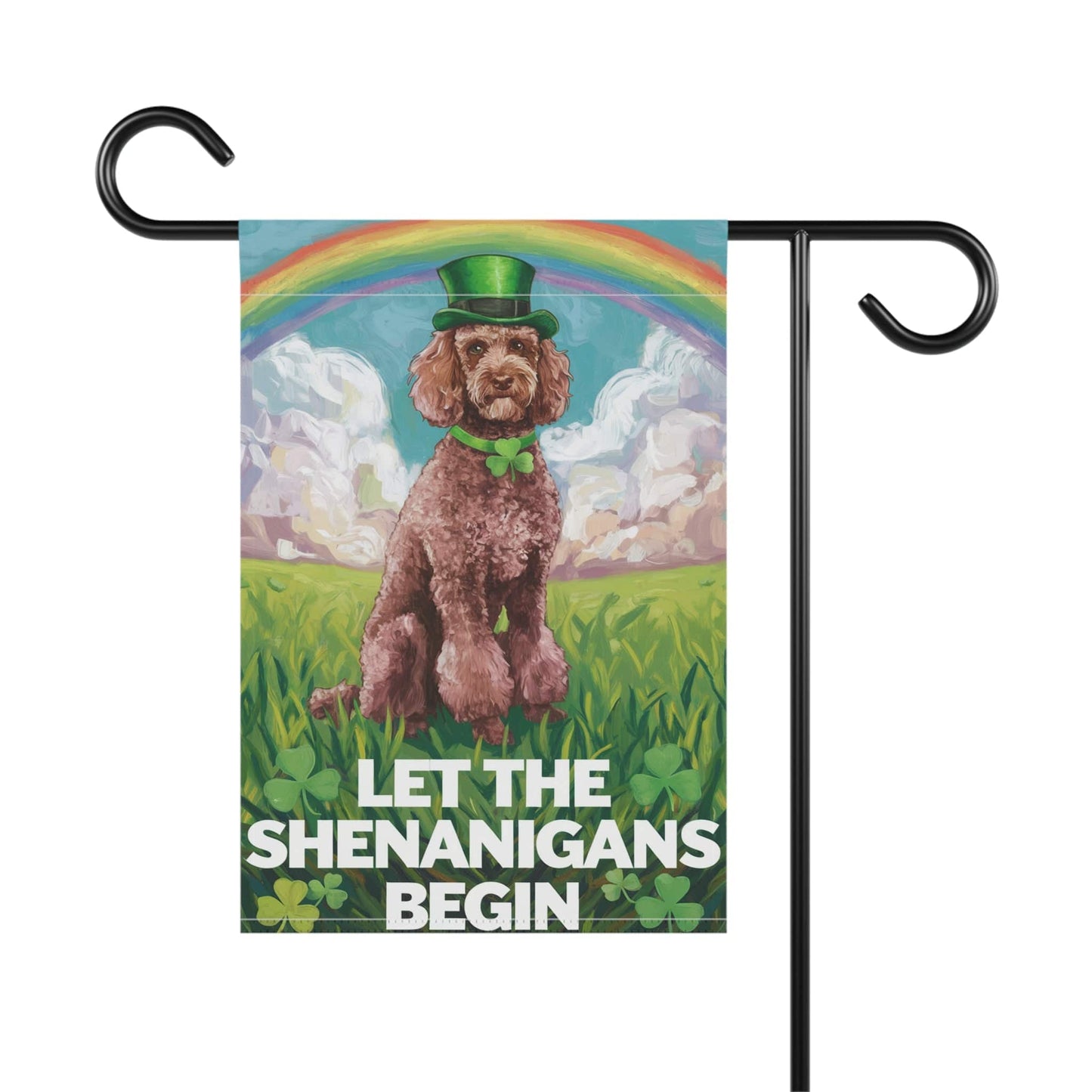 Printify Home Decor Brown Poodle's St. Patrick's Day Celebration, Dog Rainbow Shamrock Festivity Garden Flag