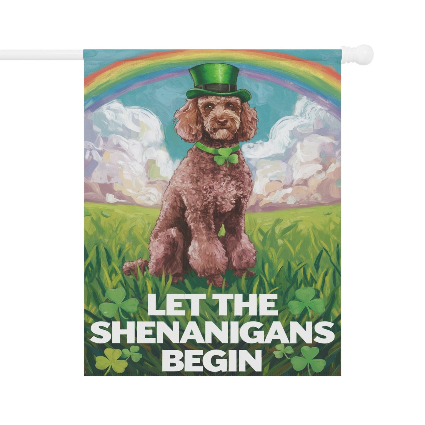 Printify Home Decor 24.5'' × 32'' Brown Poodle's St. Patrick's Day Celebration, Dog Rainbow Shamrock Festivity Garden Flag