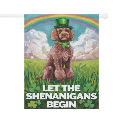 Printify Home Decor 24.5'' × 32'' Brown Poodle's St. Patrick's Day Celebration, Dog Rainbow Shamrock Festivity Garden Flag