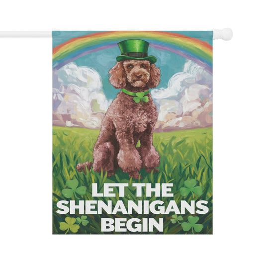 Printify Home Decor 24.5'' × 32'' Brown Poodle's St. Patrick's Day Celebration, Dog Rainbow Shamrock Festivity Garden Flag
