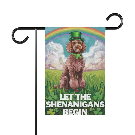 Printify Home Decor 12'' × 18'' Brown Poodle's St. Patrick's Day Celebration, Dog Rainbow Shamrock Festivity Garden Flag