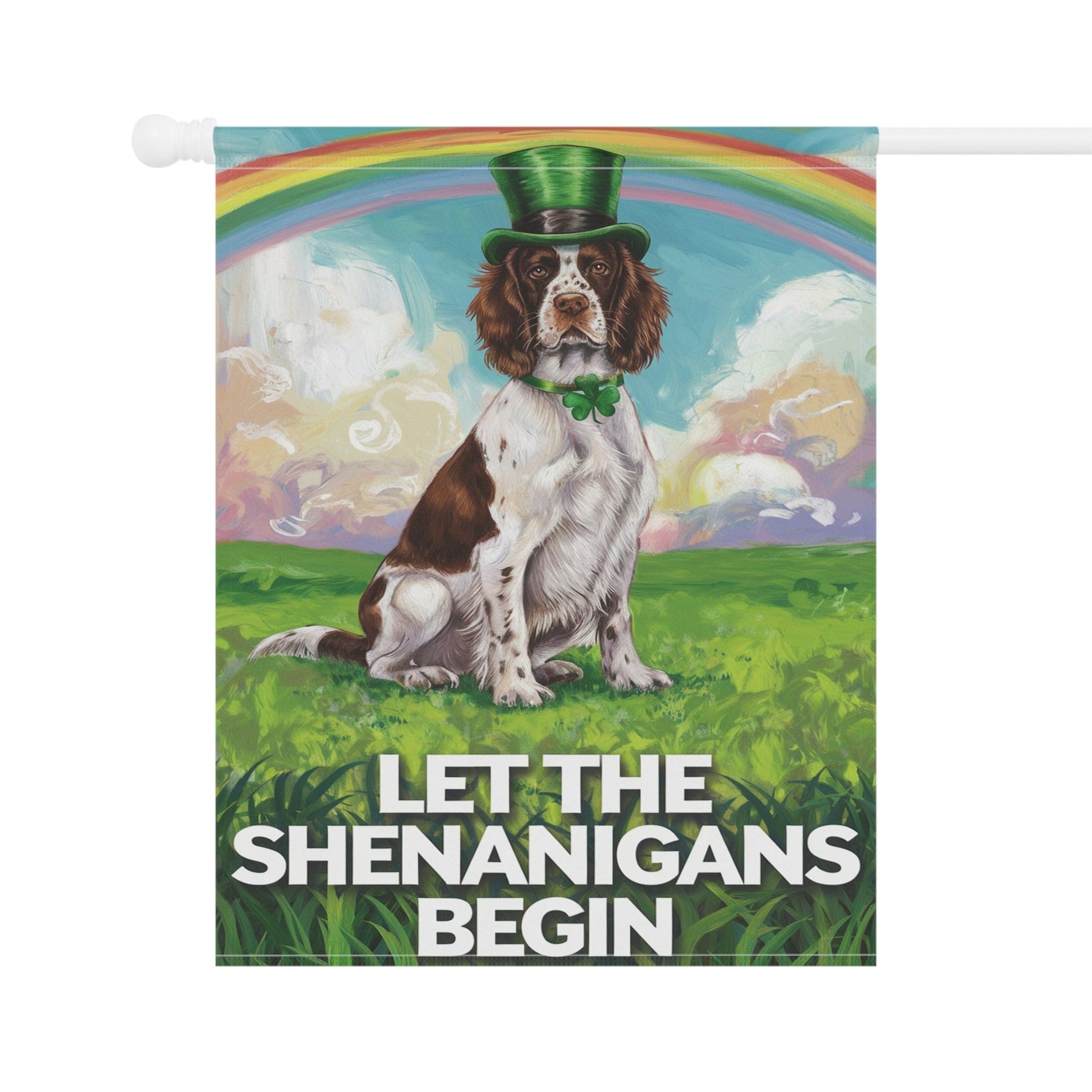 Printify Home Decor Brown Springer Spaniel Garden Flag, St. Patrick's Day Dog Holiday Rainbow Irish Celebration