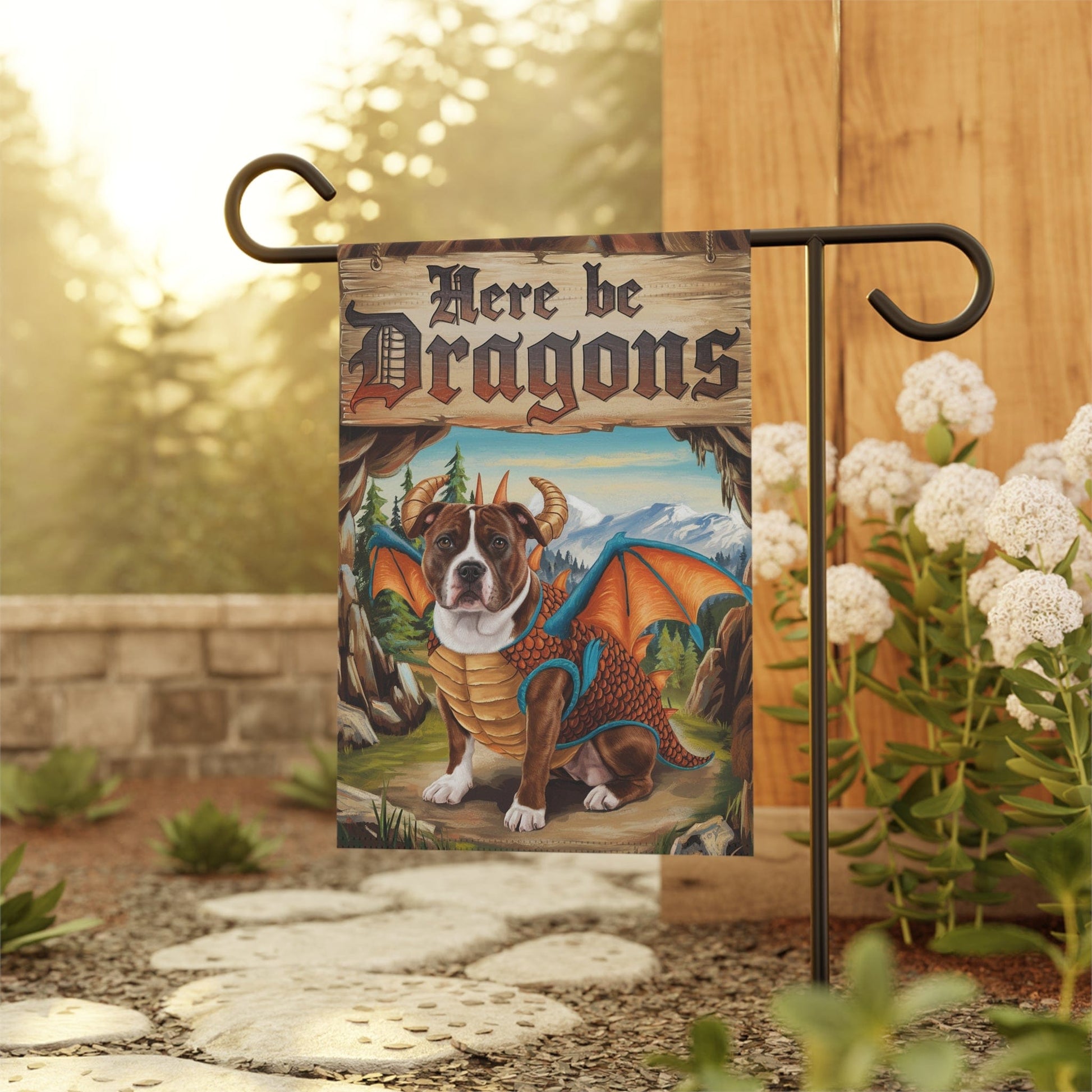 Printify Home Decor Brown Staffordshire Bull Terrier Dog Dragon, Garden Flag, Pet Adventure, Yard Spring Housewarming Halloween