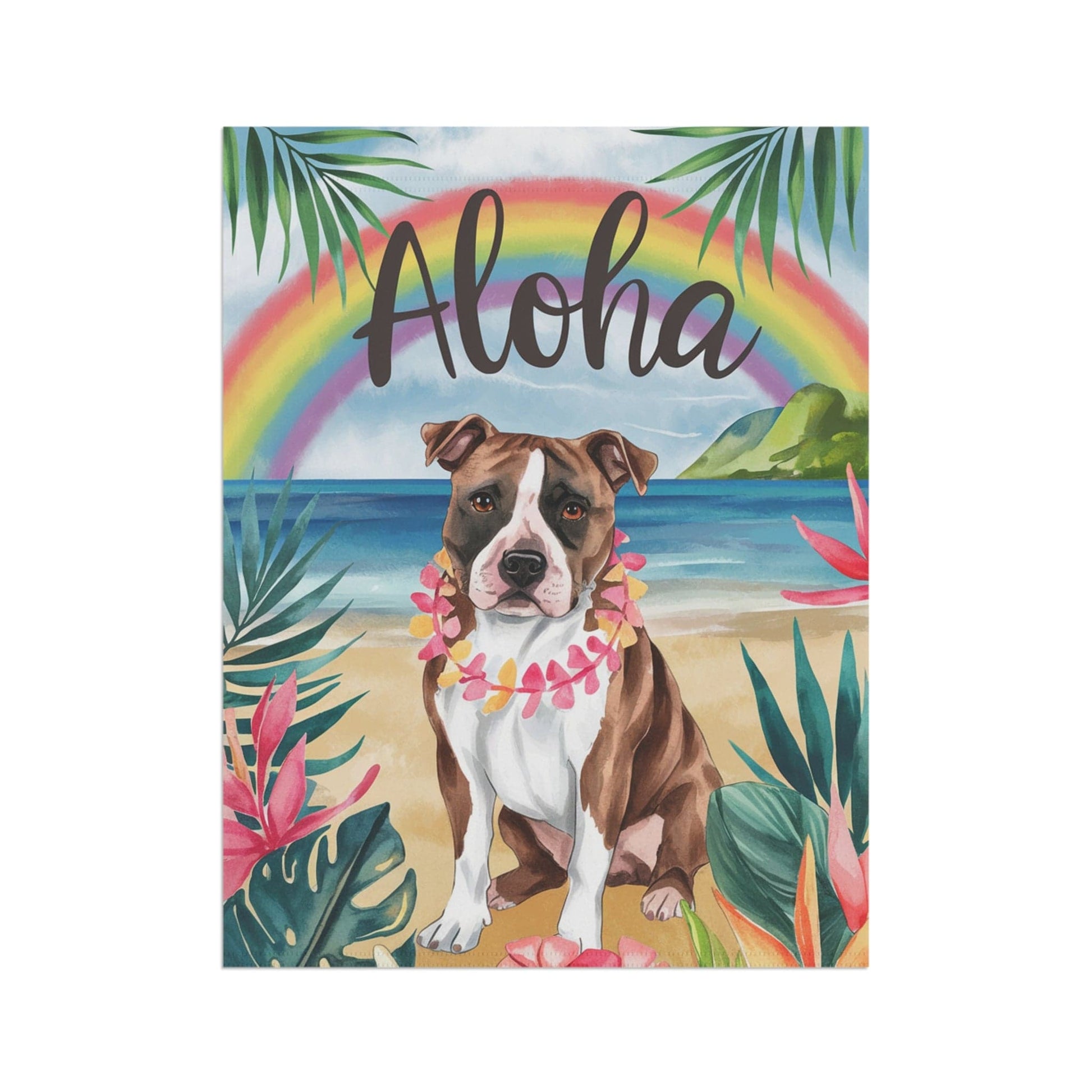 Printify Home Decor Brown Staffordshire Bull Terrier, Hawaii Garden Flag, Aloha Luau Party Decor, Tropical Hawaiian Beach Gardener Gift