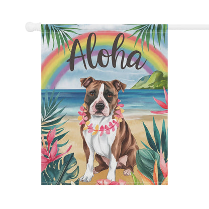 Printify Home Decor Brown Staffordshire Bull Terrier, Hawaii Garden Flag, Aloha Luau Party Decor, Tropical Hawaiian Beach Gardener Gift
