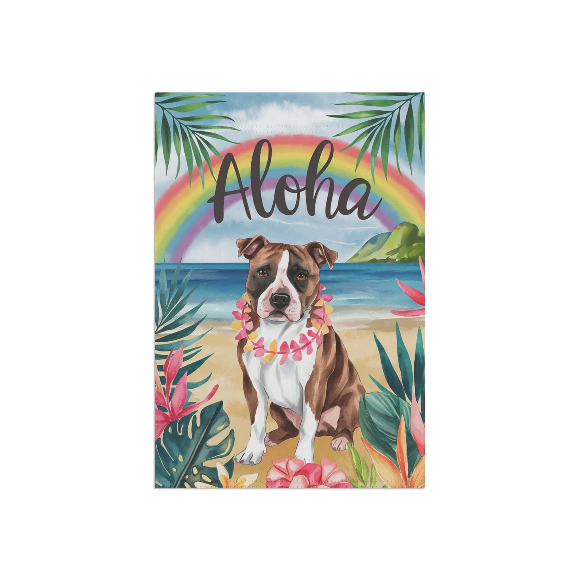 Printify Home Decor Brown Staffordshire Bull Terrier, Hawaii Garden Flag, Aloha Luau Party Decor, Tropical Hawaiian Beach Gardener Gift