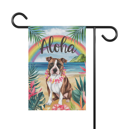Printify Home Decor Brown Staffordshire Bull Terrier, Hawaii Garden Flag, Aloha Luau Party Decor, Tropical Hawaiian Beach Gardener Gift