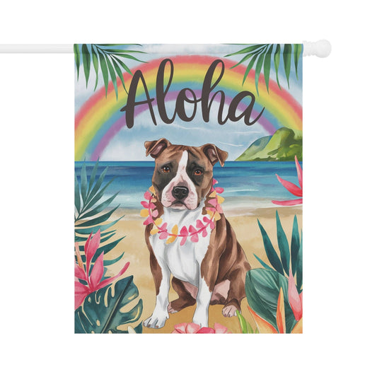 Brown Staffordshire Bull Terrier, Hawaii Garden Flag, Aloha Luau Party Decor, Tropical Hawaiian Beach Gardener Gift 24.5'' × 32''