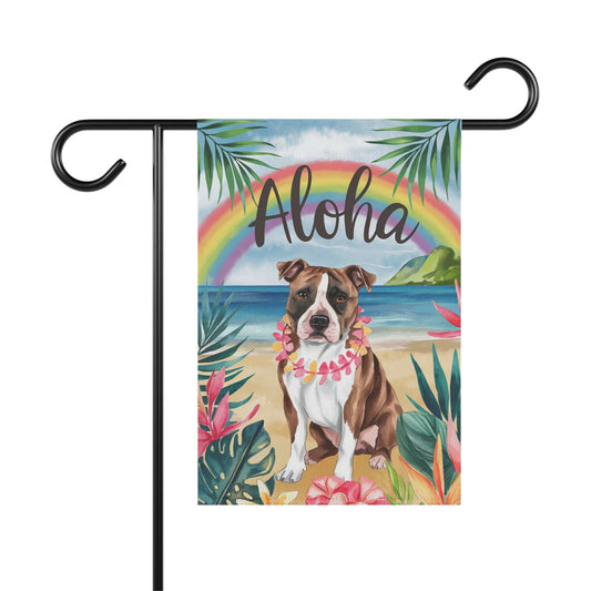 Printify Home Decor 12'' × 18'' Brown Staffordshire Bull Terrier, Hawaii Garden Flag, Aloha Luau Party Decor, Tropical Hawaiian Beach Gardener Gift