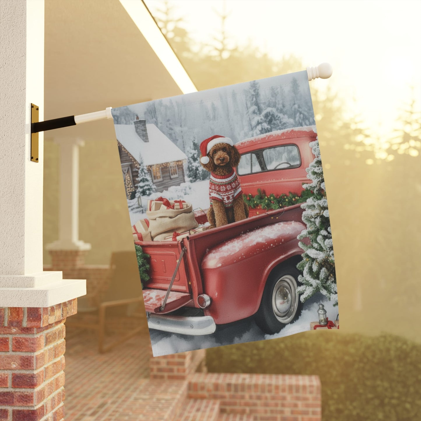 Brown Standard Poodle Dog Red Truck Christmas Garden Flag