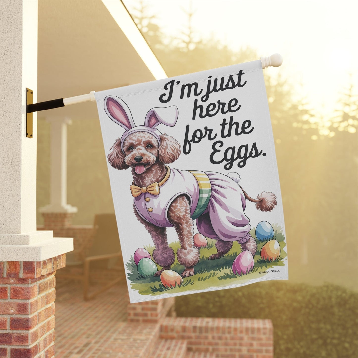 Printify Home Decor Brown Standard Poodle Easter Garden Flag, Colorful Spring Holiday, front yard decor