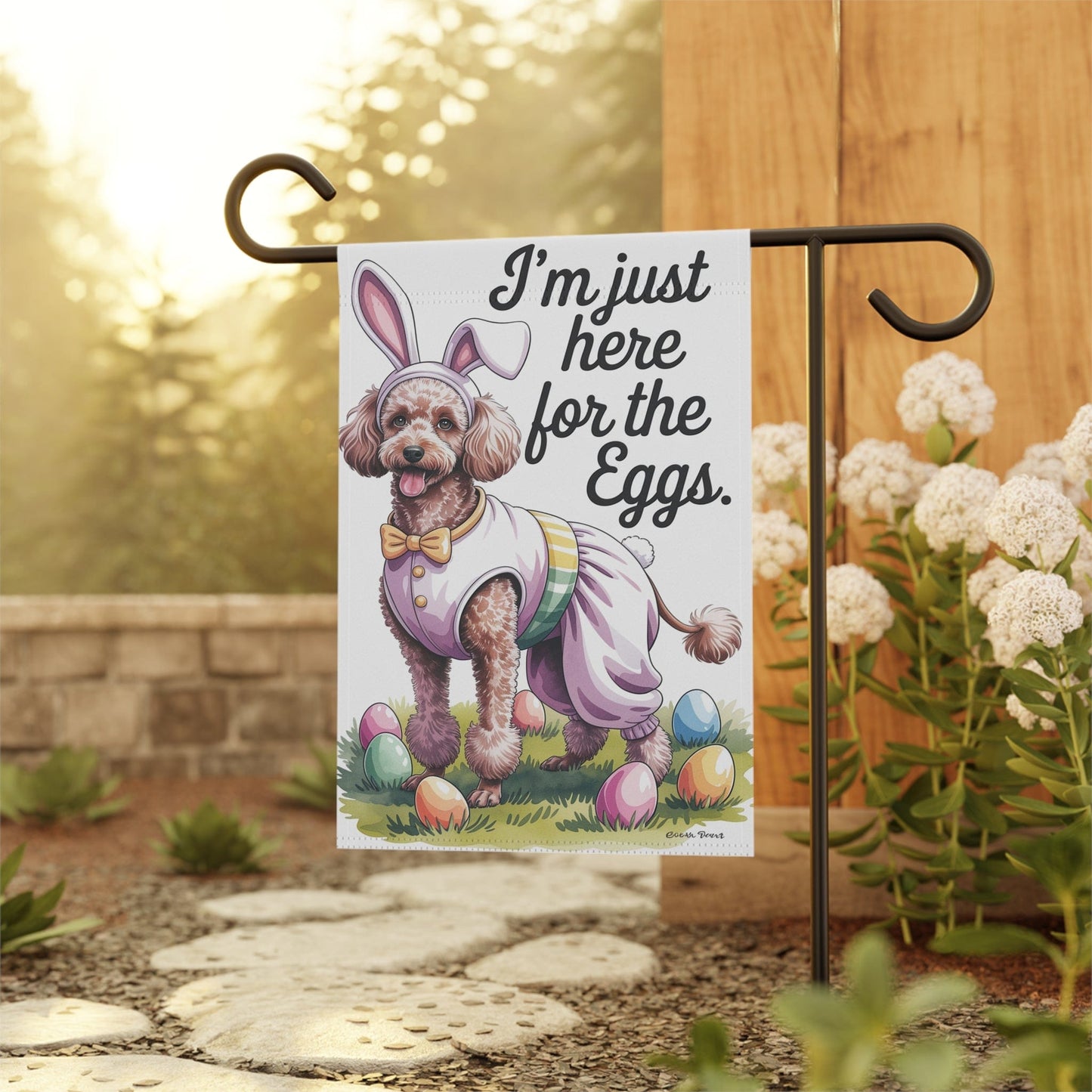 Printify Home Decor Brown Standard Poodle Easter Garden Flag, Colorful Spring Holiday, front yard decor