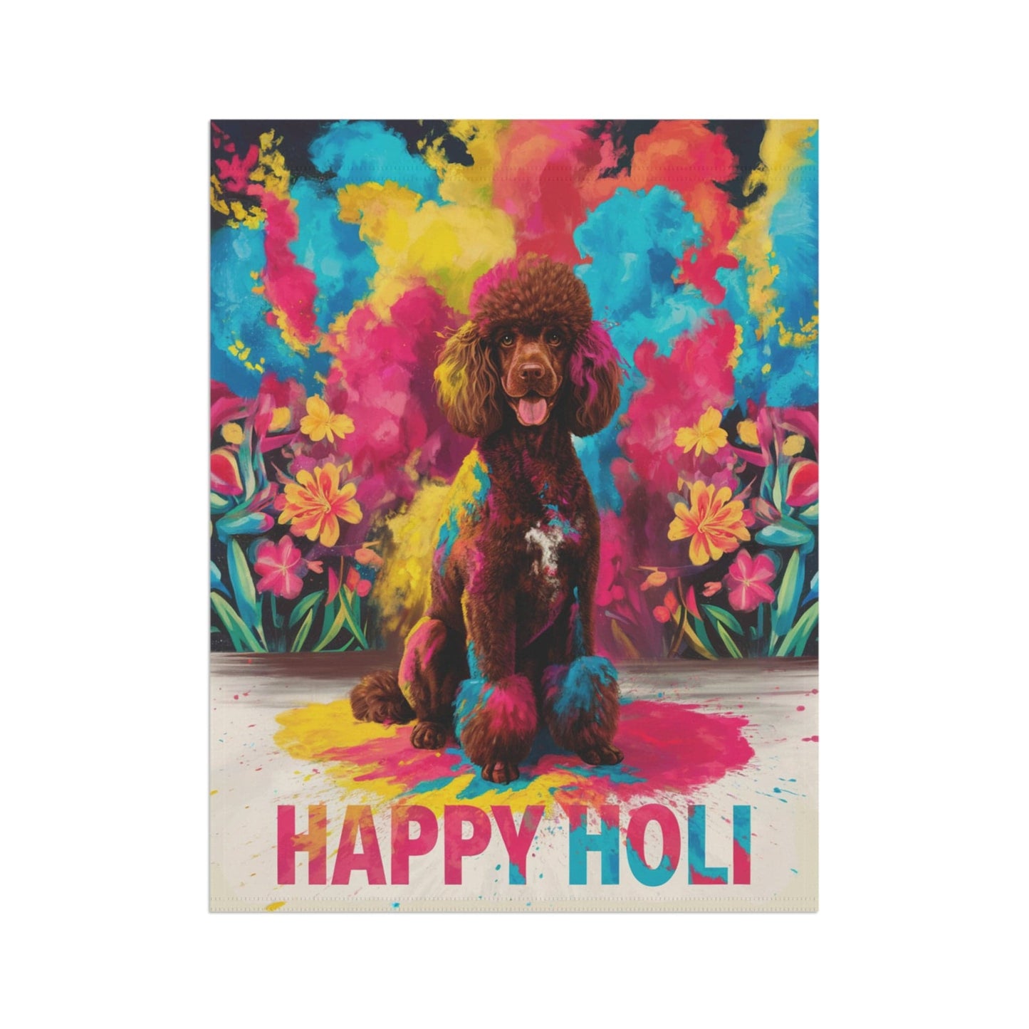 Printify Home Decor Brown Standard Poodle Holi Garden Flag, Indian Festival Dog Lovers, Yard Outside Decor