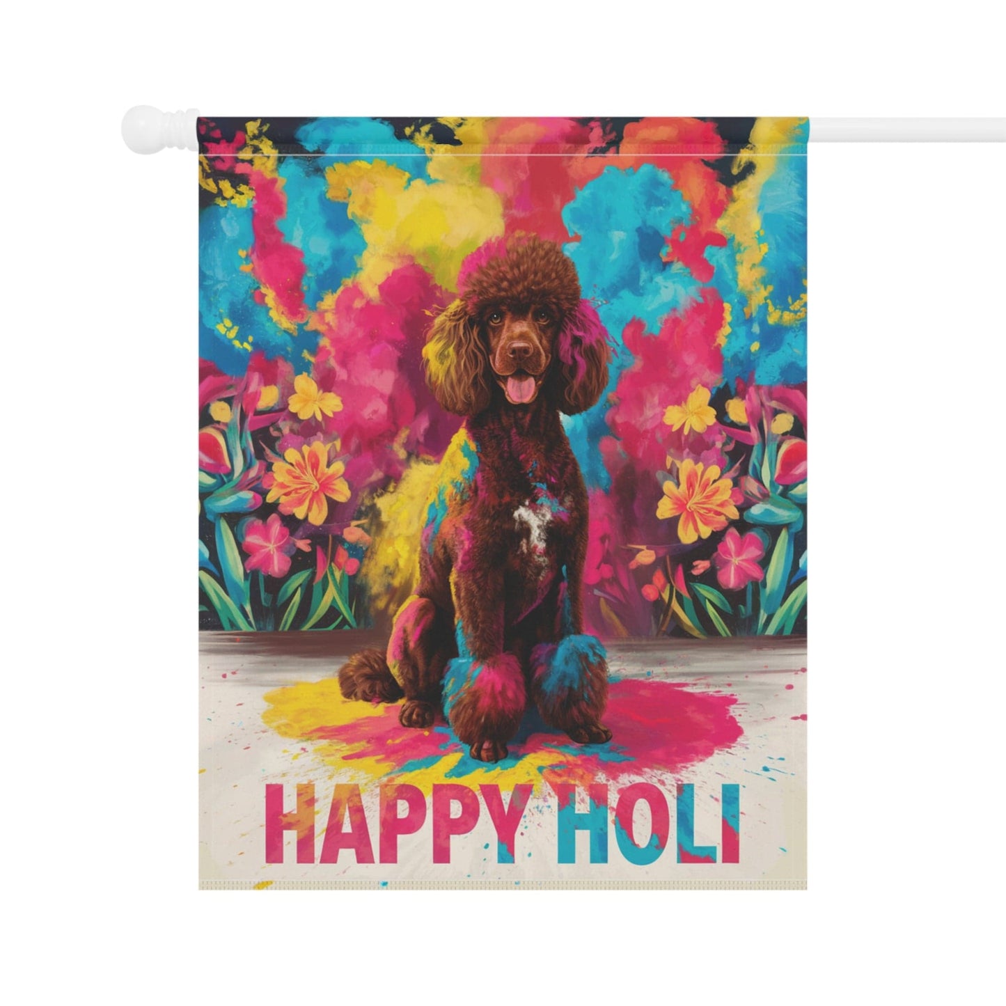 Printify Home Decor Brown Standard Poodle Holi Garden Flag, Indian Festival Dog Lovers, Yard Outside Decor