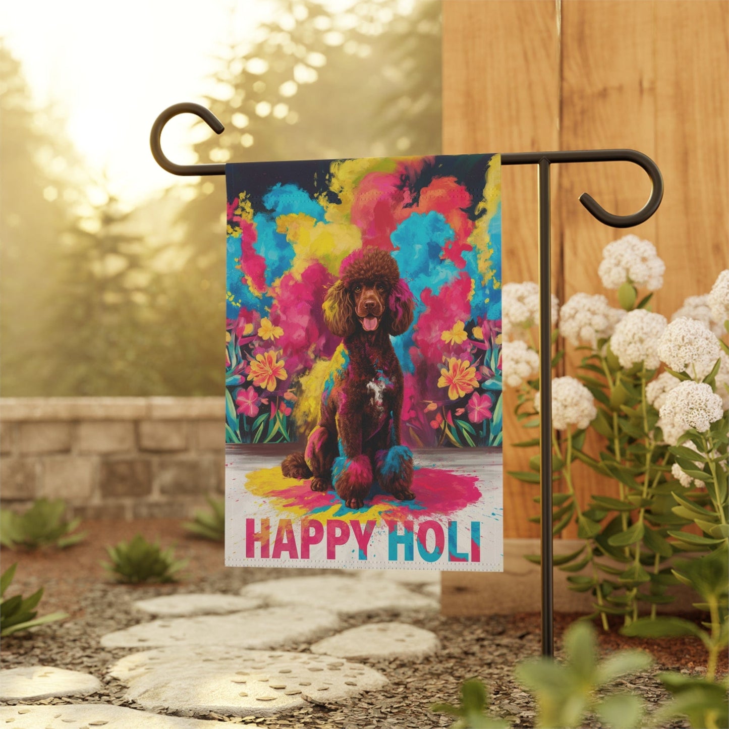 Printify Home Decor Brown Standard Poodle Holi Garden Flag, Indian Festival Dog Lovers, Yard Outside Decor
