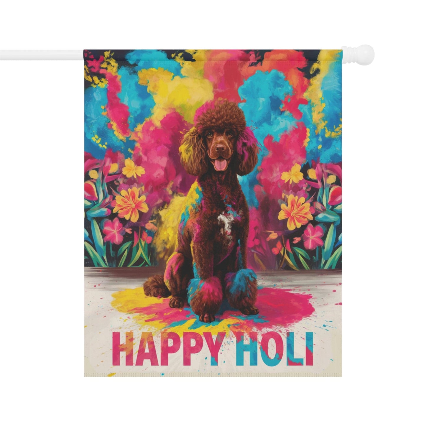 Printify Home Decor 24.5'' × 32'' Brown Standard Poodle Holi Garden Flag, Indian Festival Dog Lovers, Yard Outside Decor