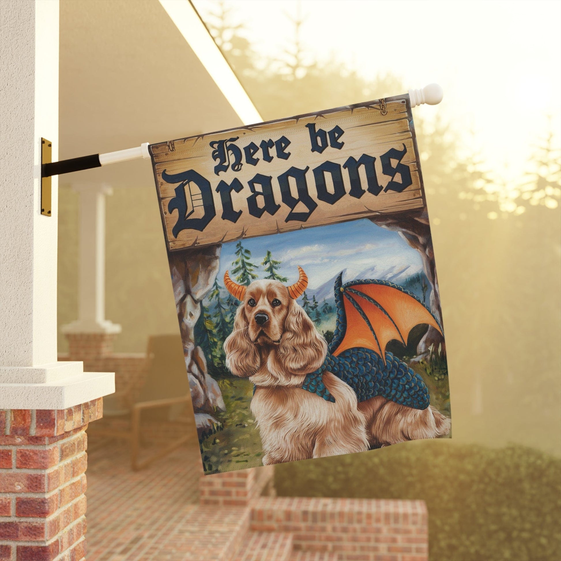 Printify Home Decor Buff Cocker Spaniel Dog Dragon Garden Flag, Fantasy Pet Yard Spring Decor, Housewarming Gardener Gift, Halloween