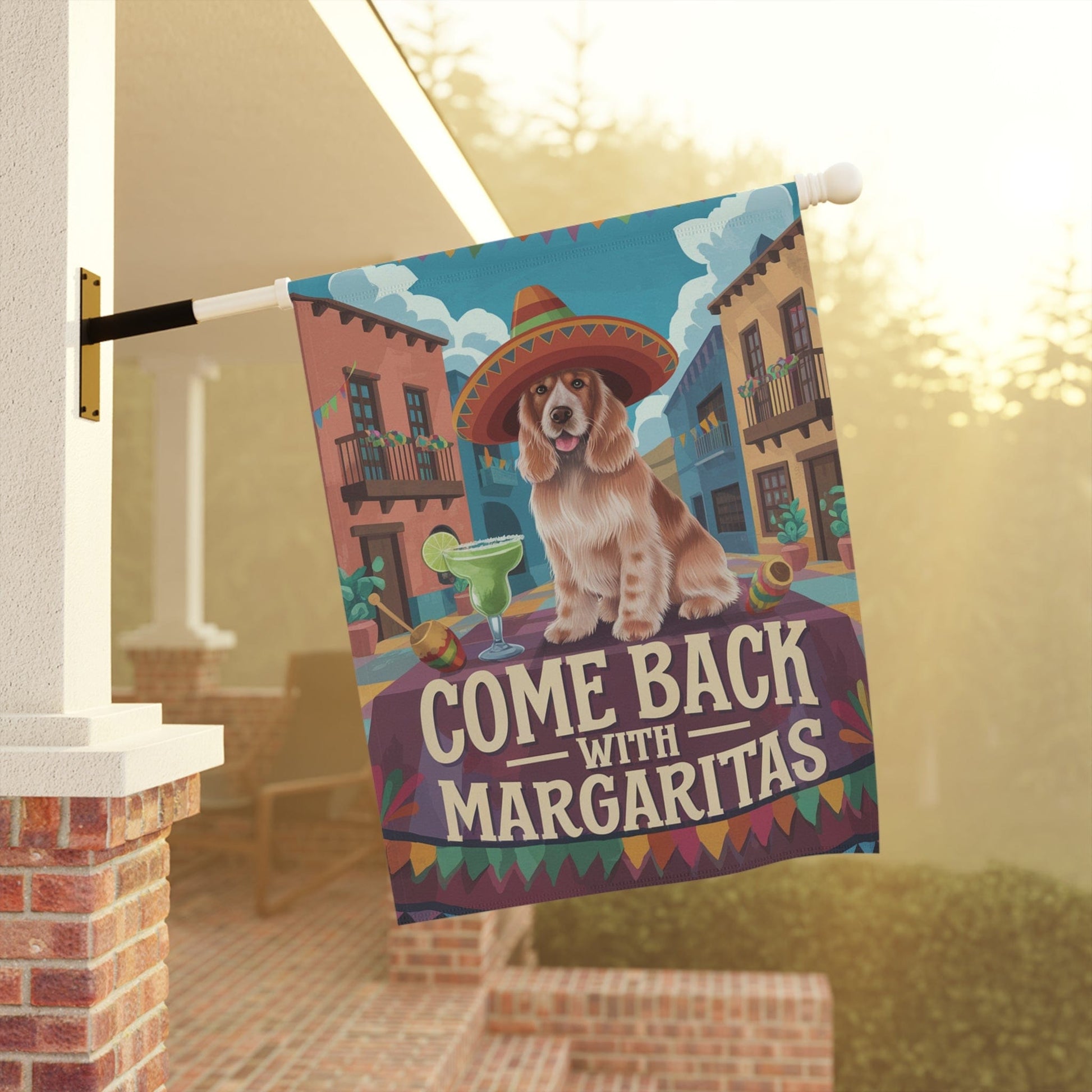 Printify Home Decor Buff Cocker Spaniel Garden Flag, Cinco de Mayo Fiesta, Margarita Dog Drinking Decor, Front Yard Spring Gardener