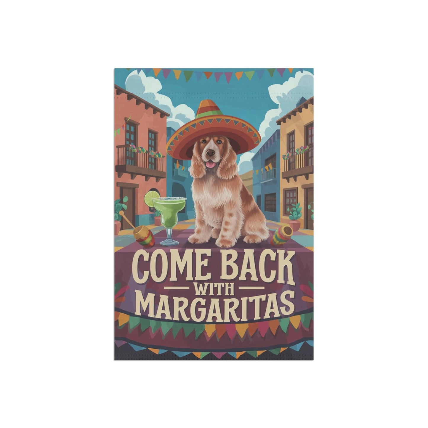 Printify Home Decor Buff Cocker Spaniel Garden Flag, Cinco de Mayo Fiesta, Margarita Dog Drinking Decor, Front Yard Spring Gardener