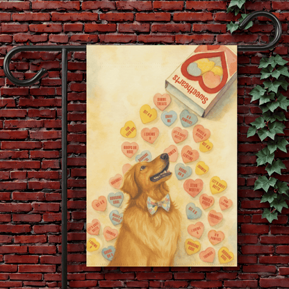 Candy Hearts Valentines Golden Retriever Garden Flag 12'' × 18''