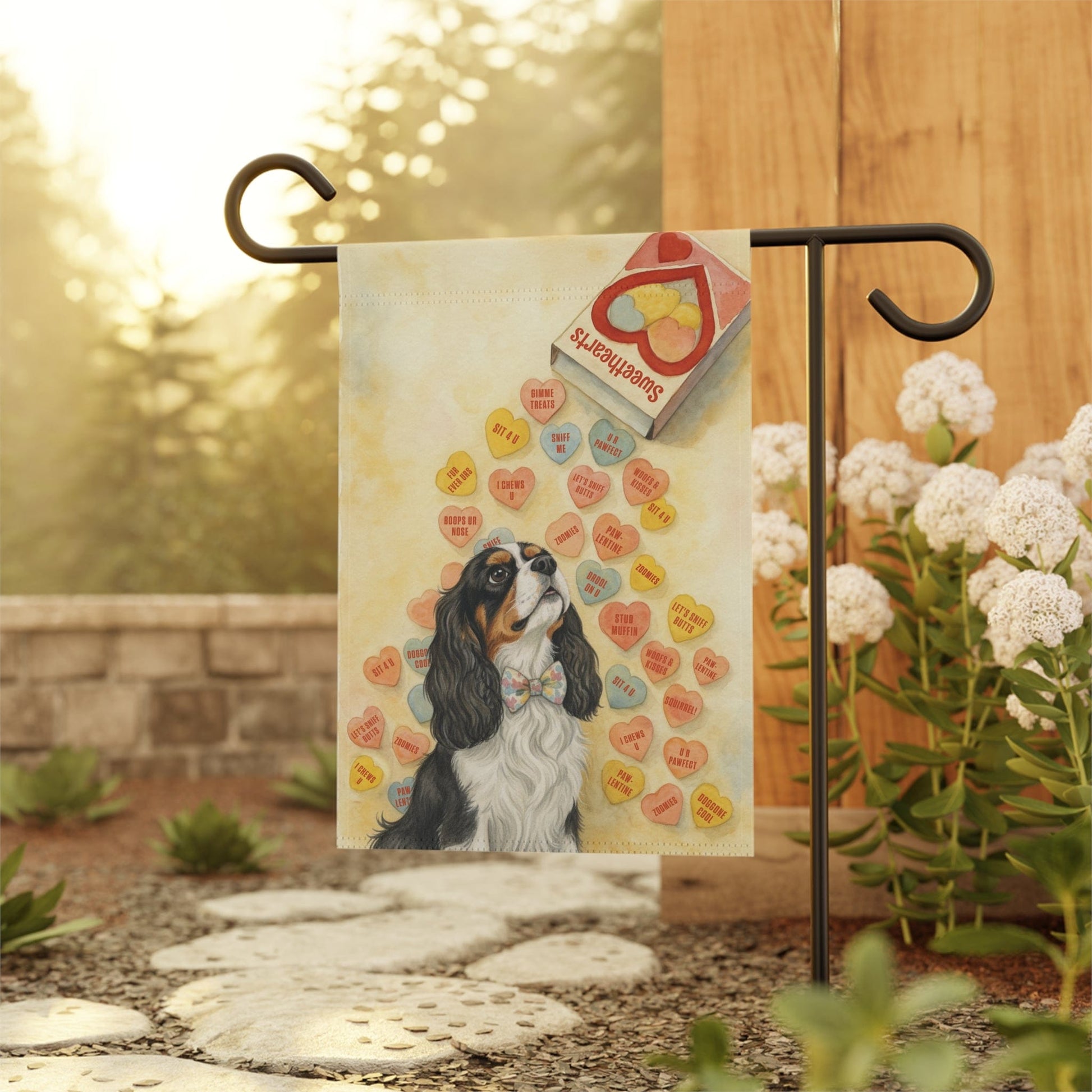 Personalized Candy Hearts Valentines Cavalier Garden Flag