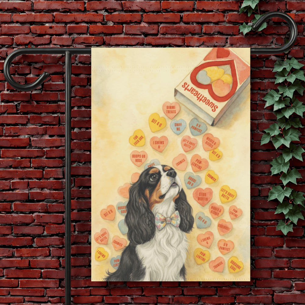Personalized Candy Hearts Valentines Cavalier Garden Flag 12'' × 18''