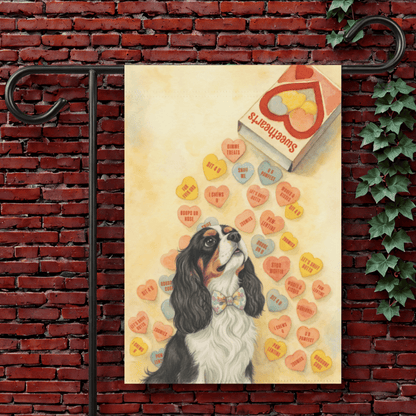 Personalized Candy Hearts Valentines Cavalier Garden Flag 12'' × 18''