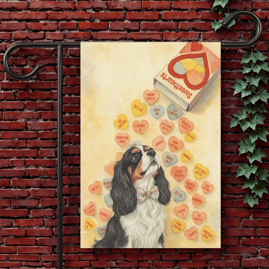 Personalized Candy Hearts Valentines Cavalier Garden Flag 12'' × 18''