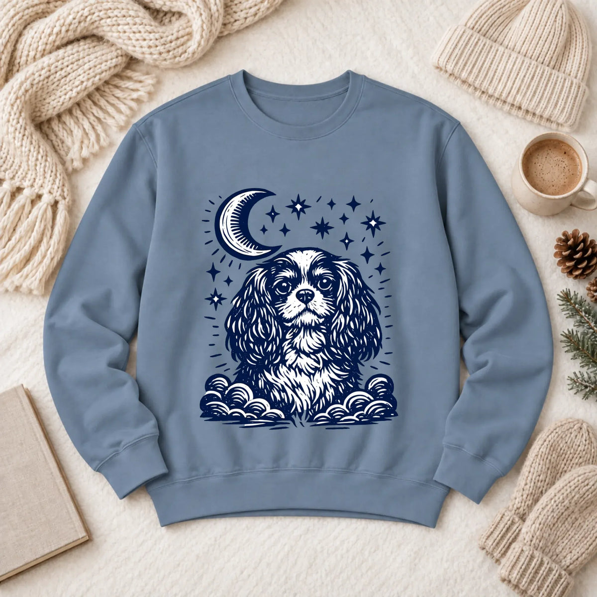 Cavalier Bedtime Moon Stars Unisex Sweatshirt Blue Jean