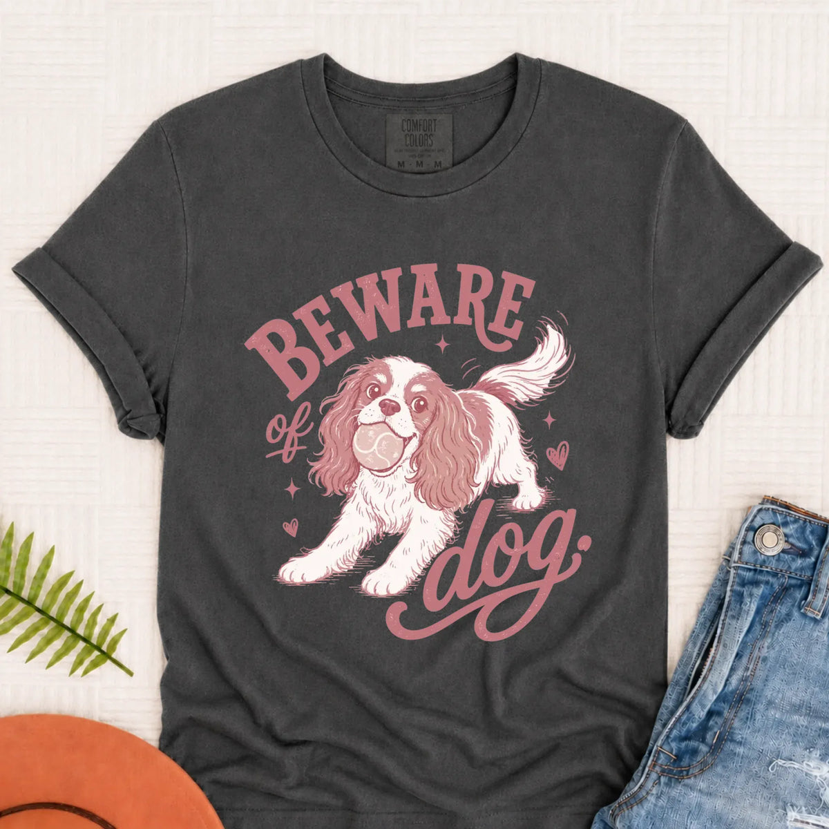 Cavalier Beware of Dog Unisex Tshirt Pepper