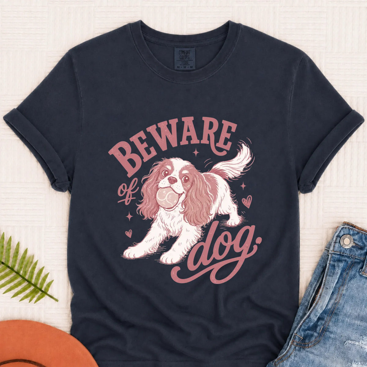 Cavalier Beware of Dog Unisex Tshirt Navy
