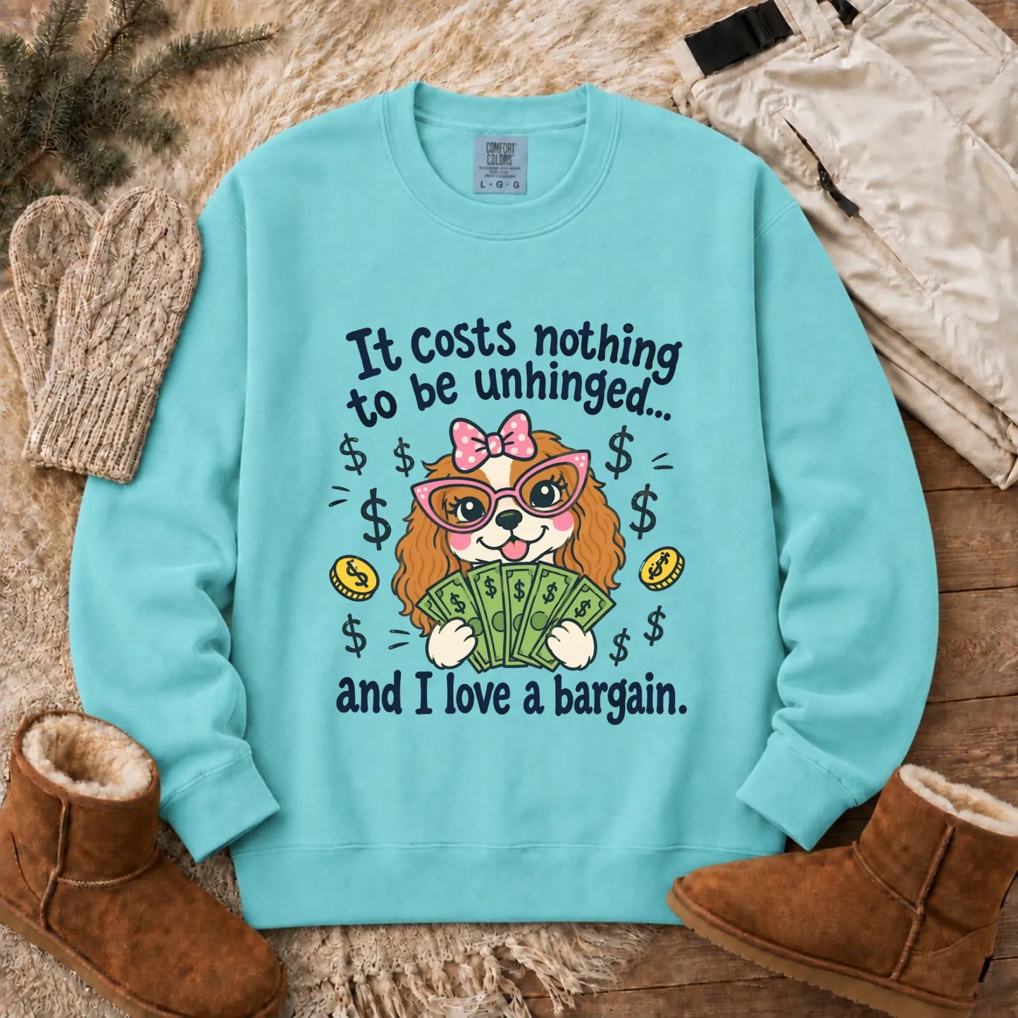 Cavalier Bulldog Unhinged Snarky Unisex Sweatshirt Chalky Mint
