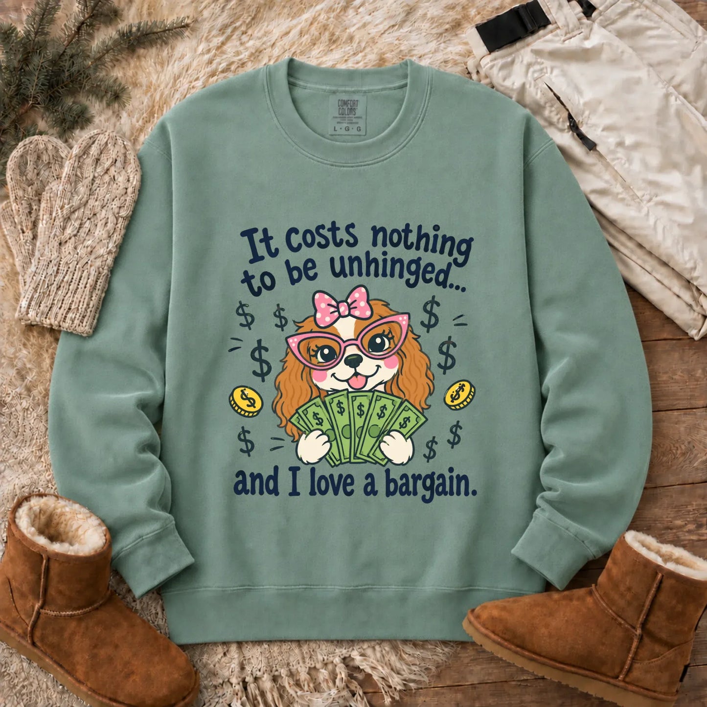 Cavalier Bulldog Unhinged Snarky Unisex Sweatshirt Light Green