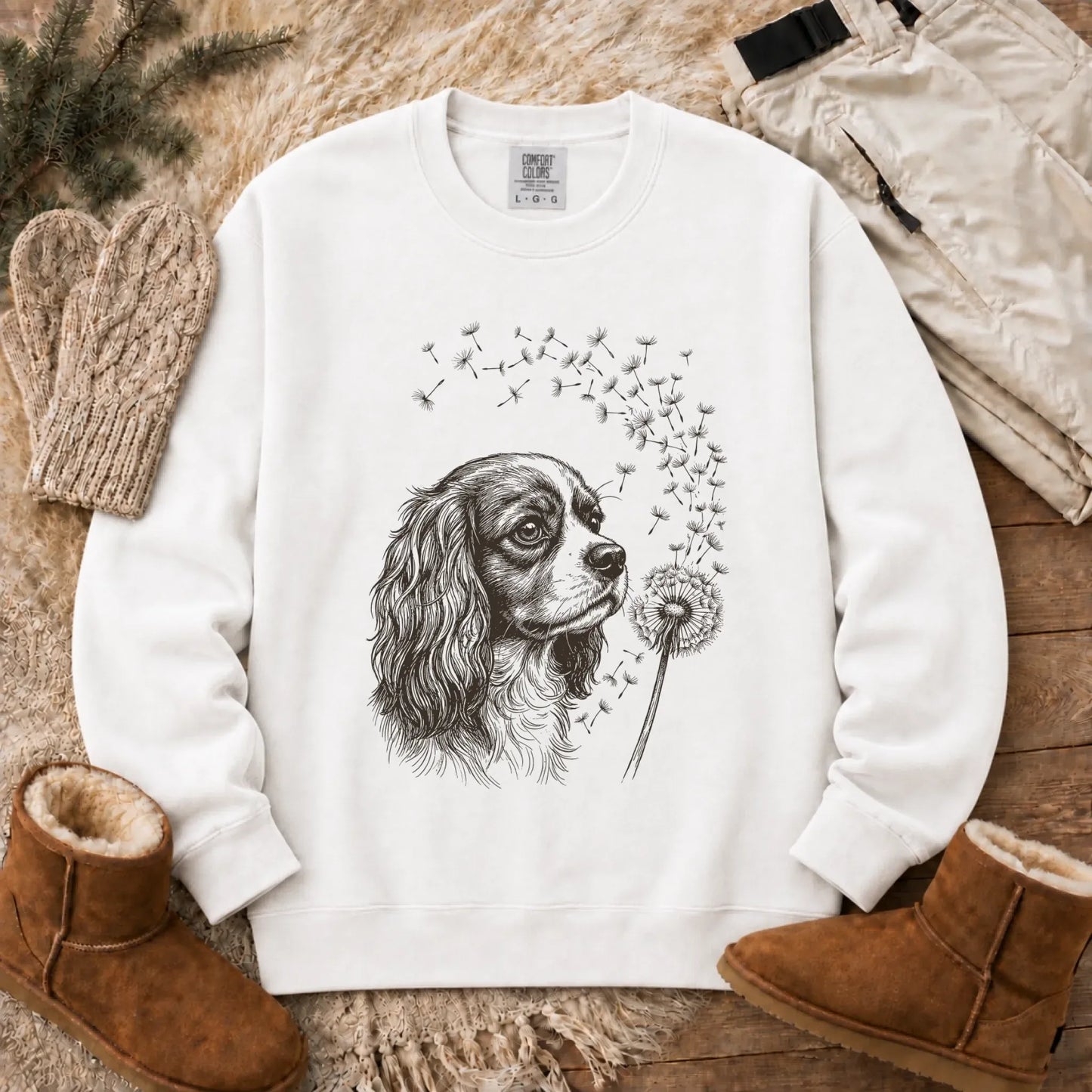 Cavalier Dandelion Garden Unisex Sweatshirt White