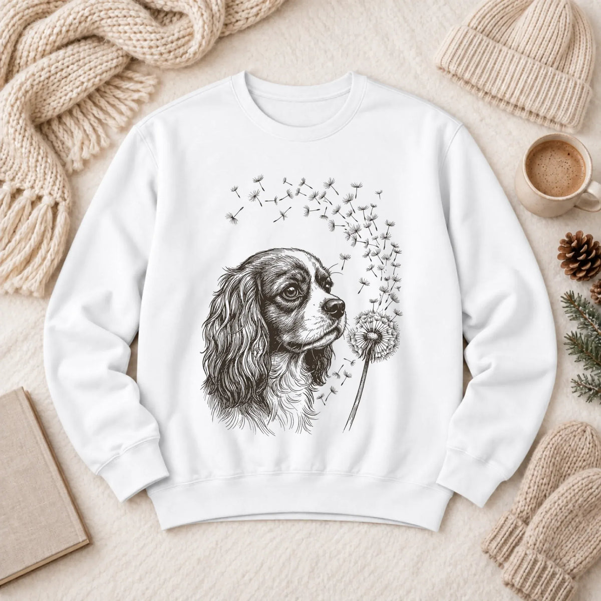 Cavalier Dandelion Garden Unisex Sweatshirt White