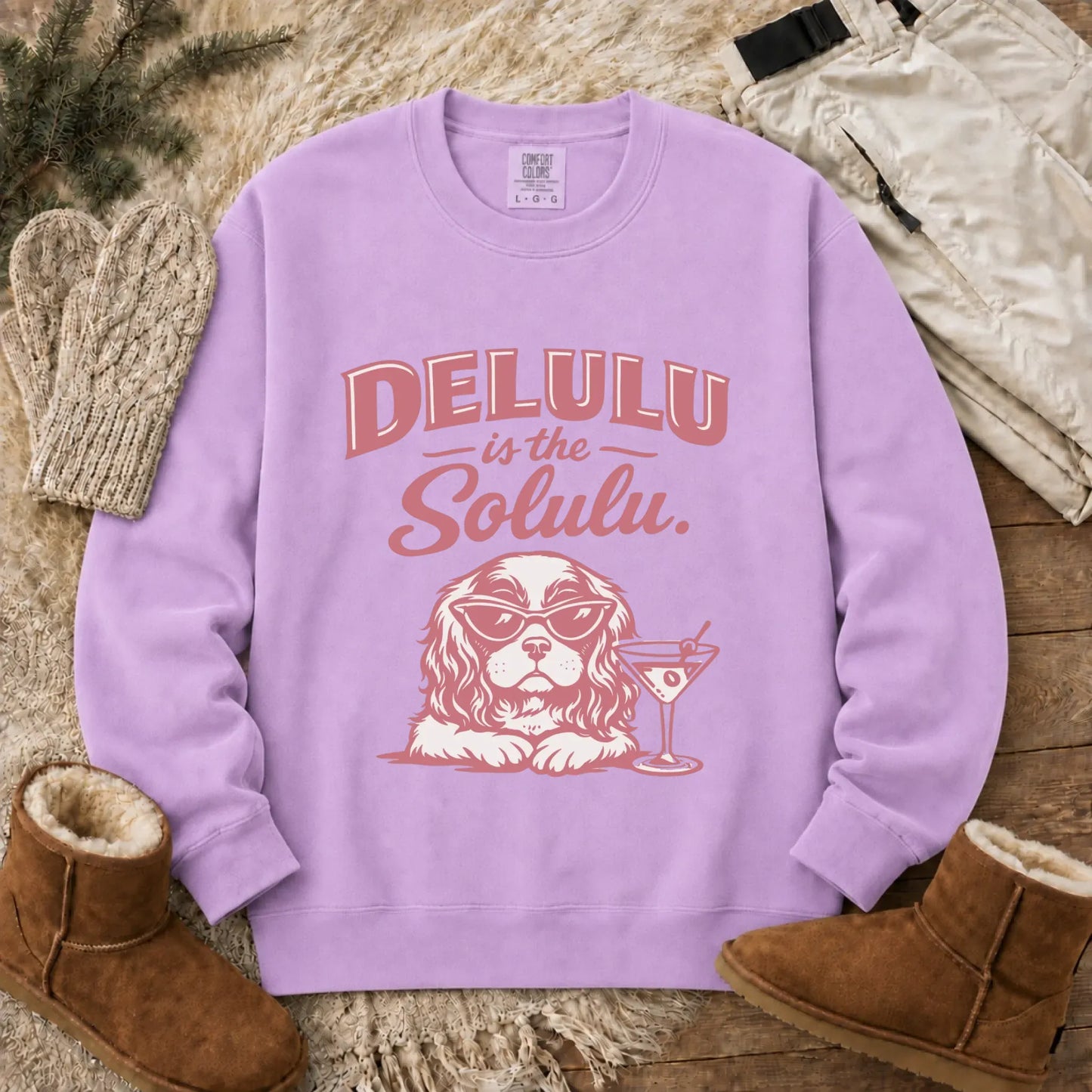 Cavalier Delulu Drinking Martini Unisex Sweatshirt Orchid