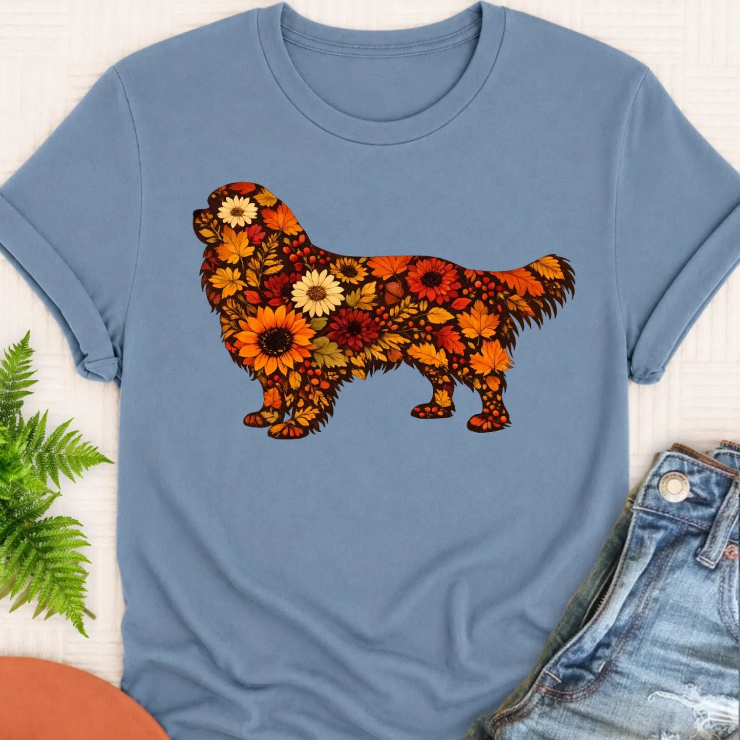 Cavalier Fall Leaves Silhouette Unisex TShirt Blue Jean