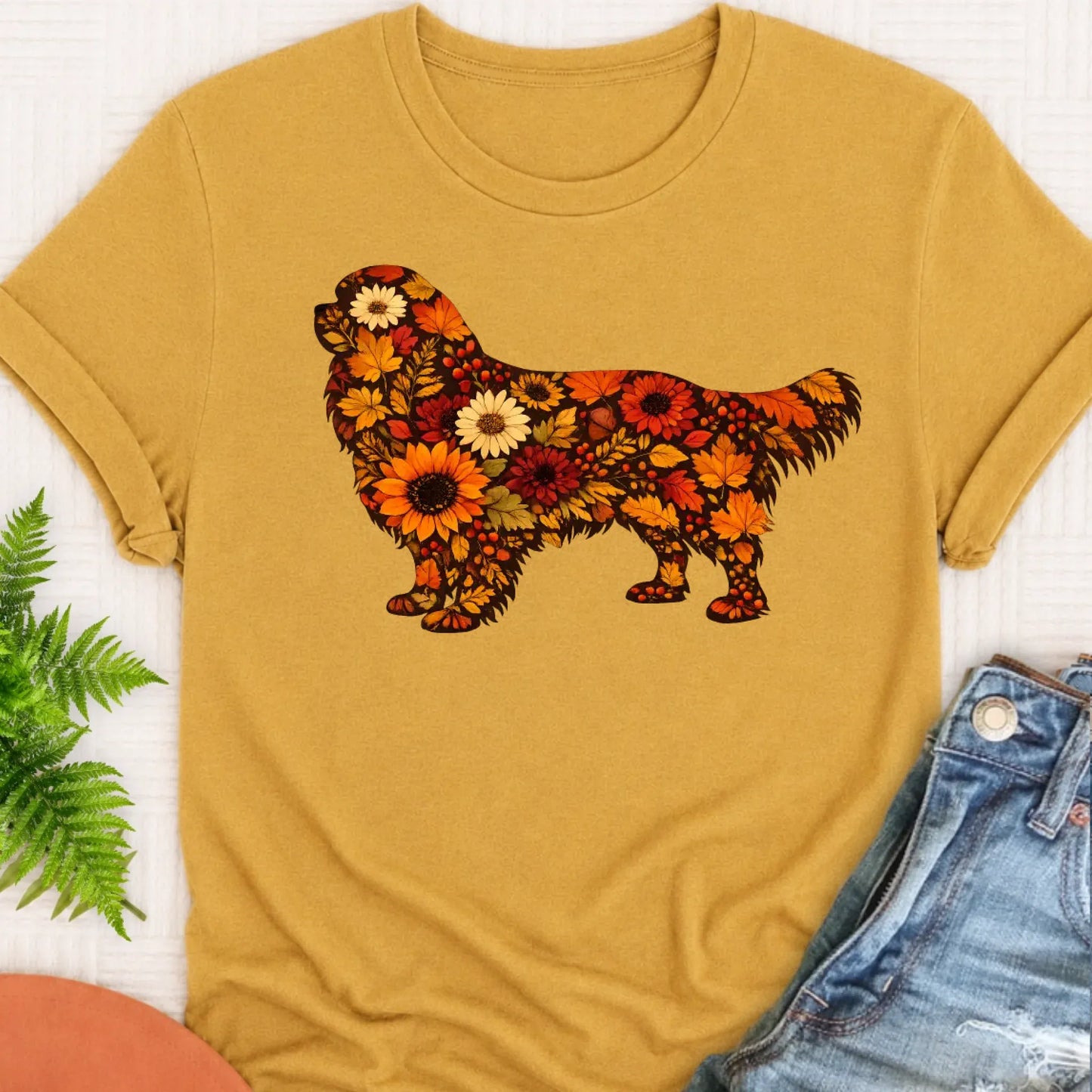 Cavalier Fall Leaves Silhouette Unisex TShirt Mustard