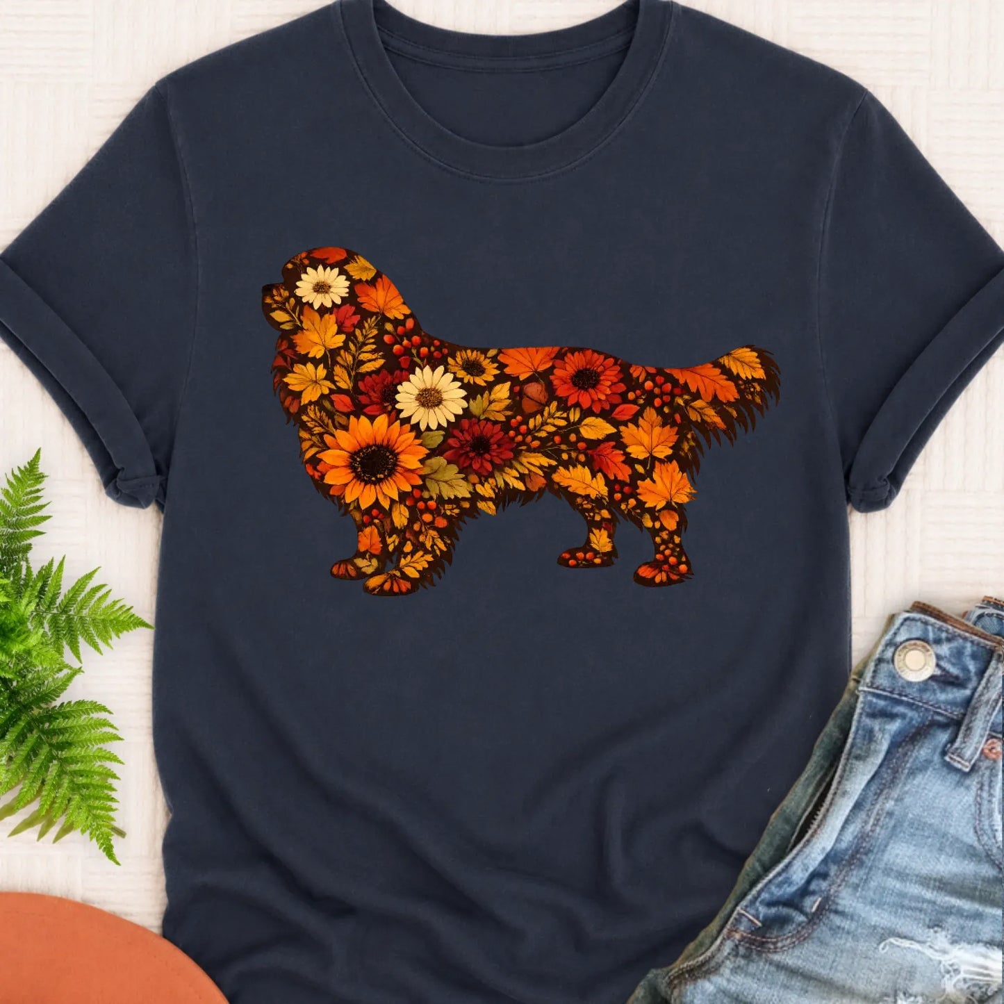 Cavalier Fall Leaves Silhouette Unisex TShirt Navy