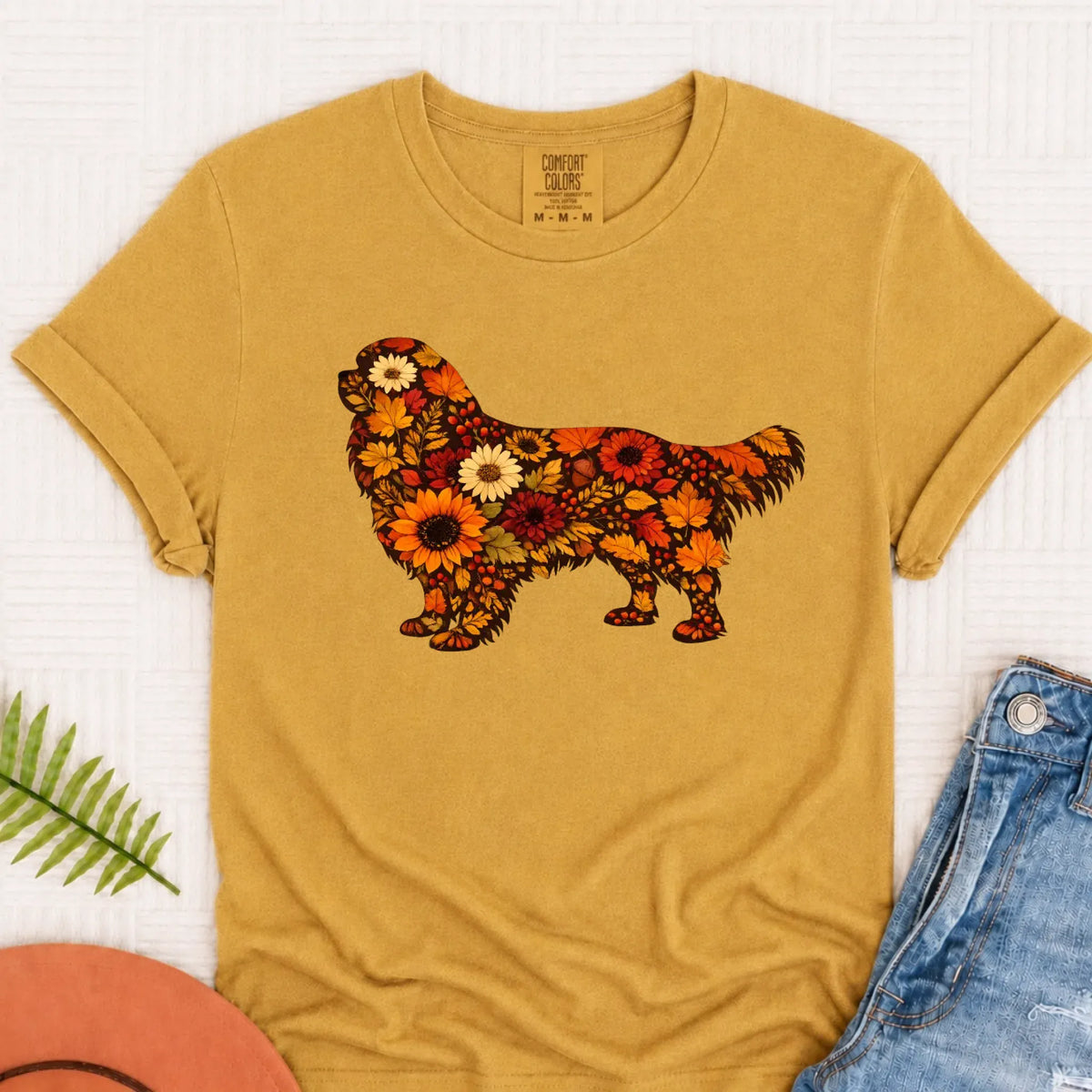 Cavalier Fall Leaves Silhouette Unisex TShirt Mustard