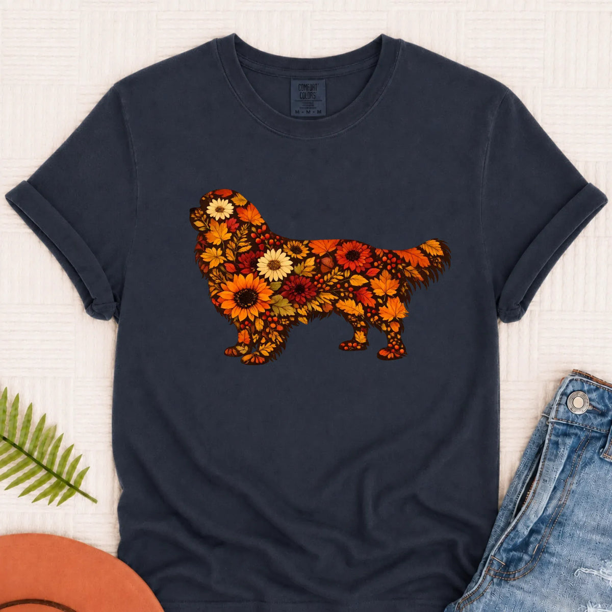 Cavalier Fall Leaves Silhouette Unisex TShirt Navy