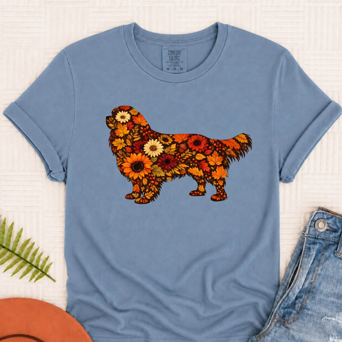 Cavalier Fall Leaves Silhouette Unisex TShirt Blue Jean