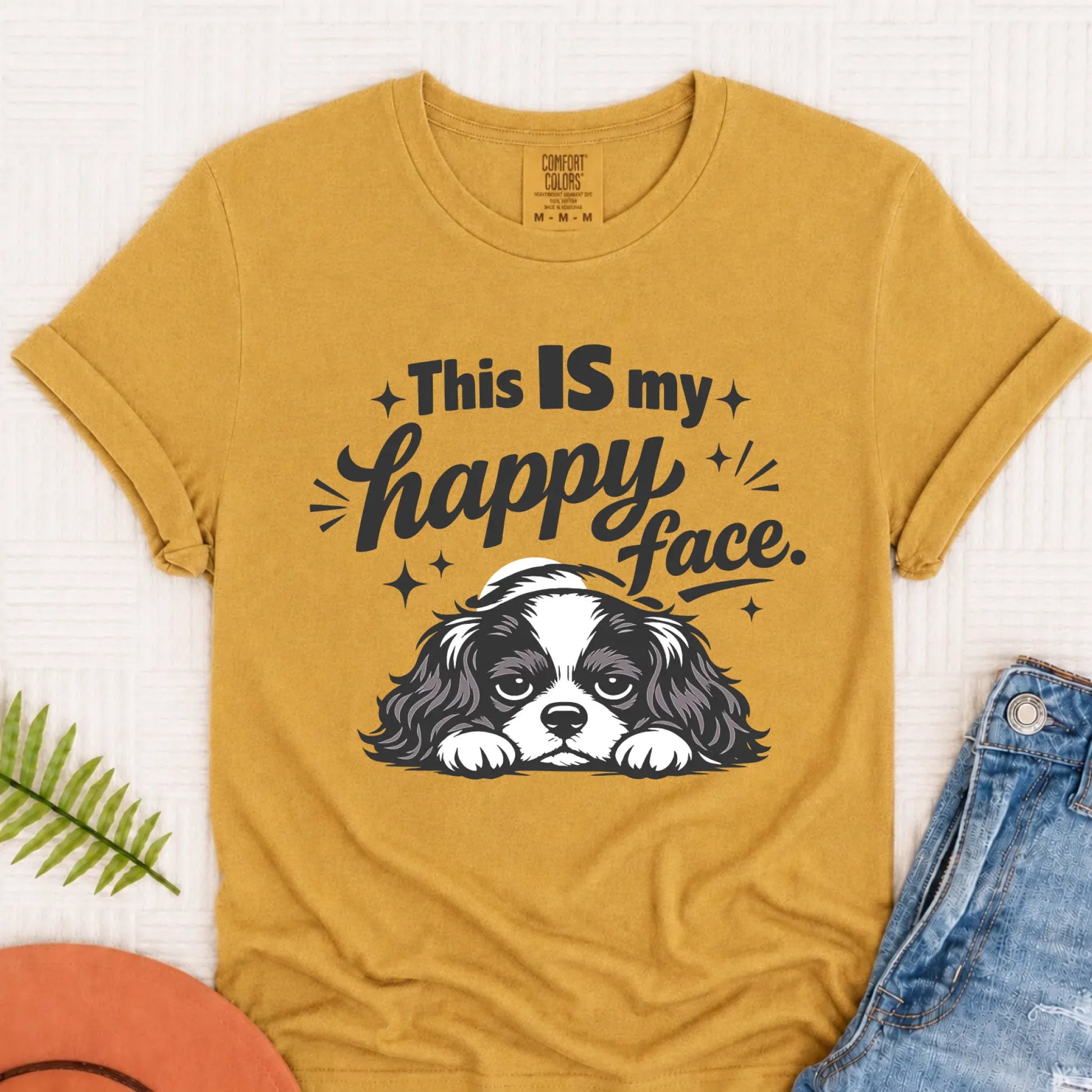 Cavalier Funny Happy Face Unisex TShirt Mustard
