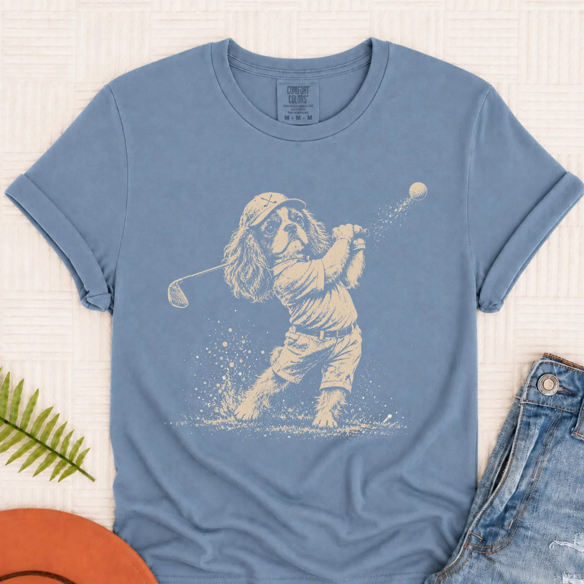 Cavalier Golfing Golfer Unisex TShirt Blue Jean