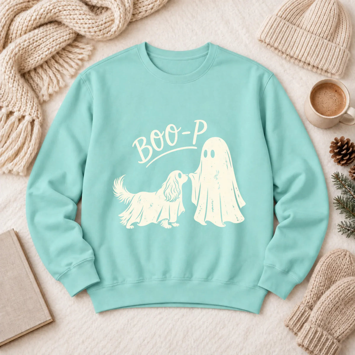 Cavalier Halloween Boop Ghost Dog Unisex Sweatshirt Chalky Mint