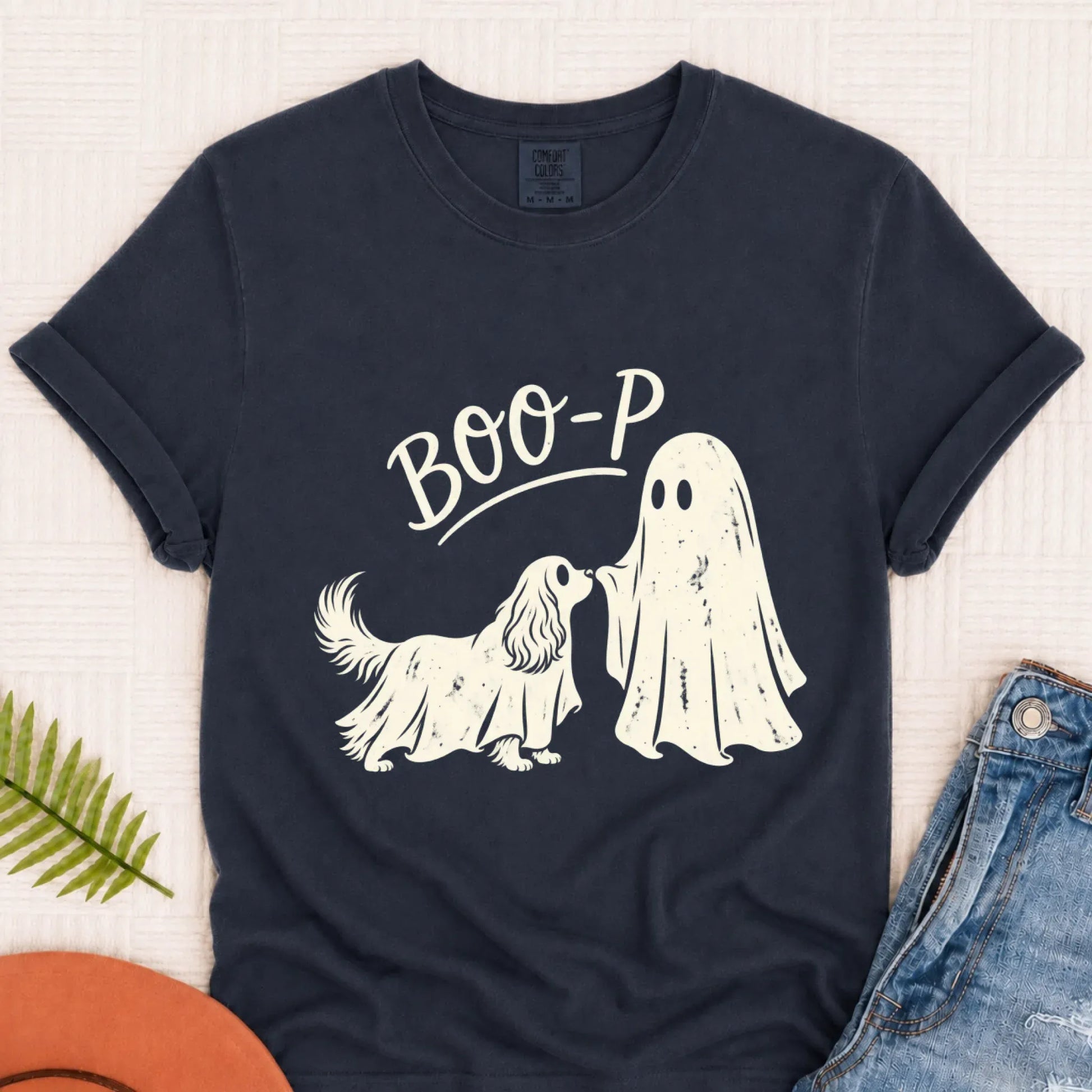T-Shirt Navy / S Cavalier Halloween Boop Ghost Dog Unisex Tshirt